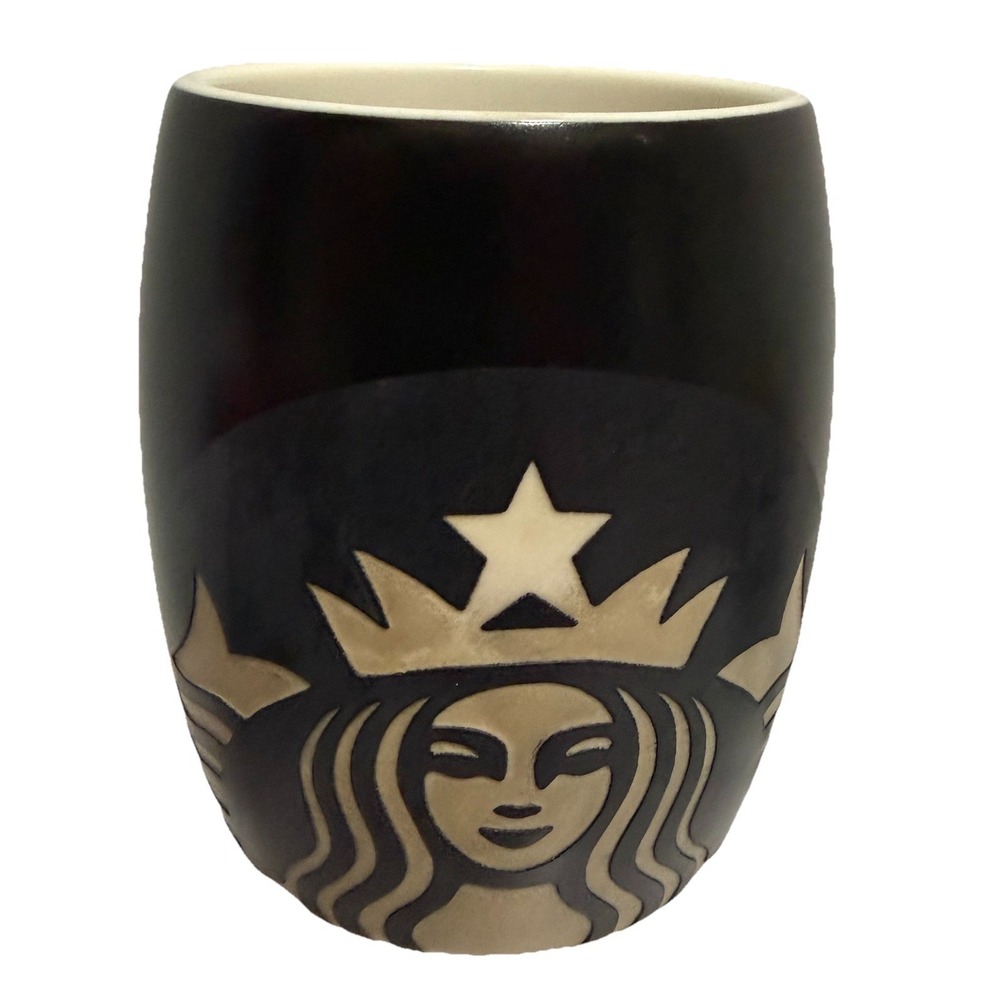 Starbucks 2011 Matte Black Siren Relief Mug 12 Oz Cream Interior